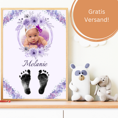 Babyposter - Violette Blumen mit Foto