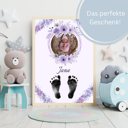 Babyposter - Violette Blumen mit Foto